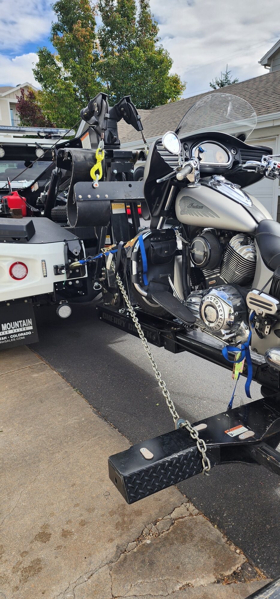 Indian Motorcyle Towed by Cherry Creek Towing and Recovery Littleton CO